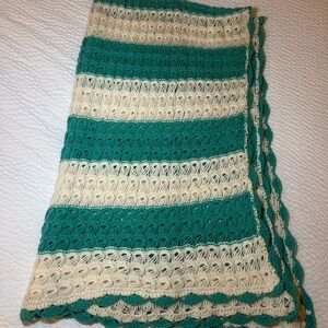 Green and Cream Crochet Throw Blanket Handmade Teal Decorative Throw Boho Retro
